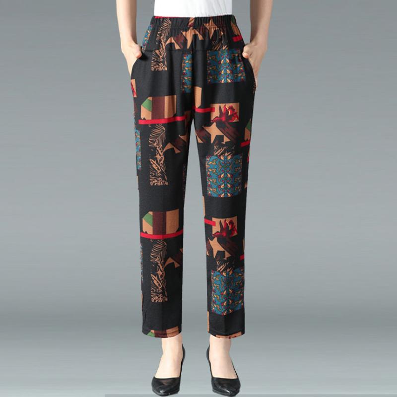 Women's Trousers Casual Pants Straight-leg Pants Plus Size Pants Women's Trousers Middle-aged Flower Pants