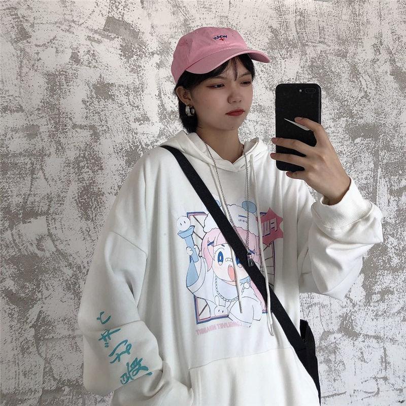 Japan Anime Sweatshirts Women White Hooded Tops Fashion Pullovers Hoodies Fall Winter Thick Fleece Harajuku Hoodies Ladies Casual Clothes Clothes