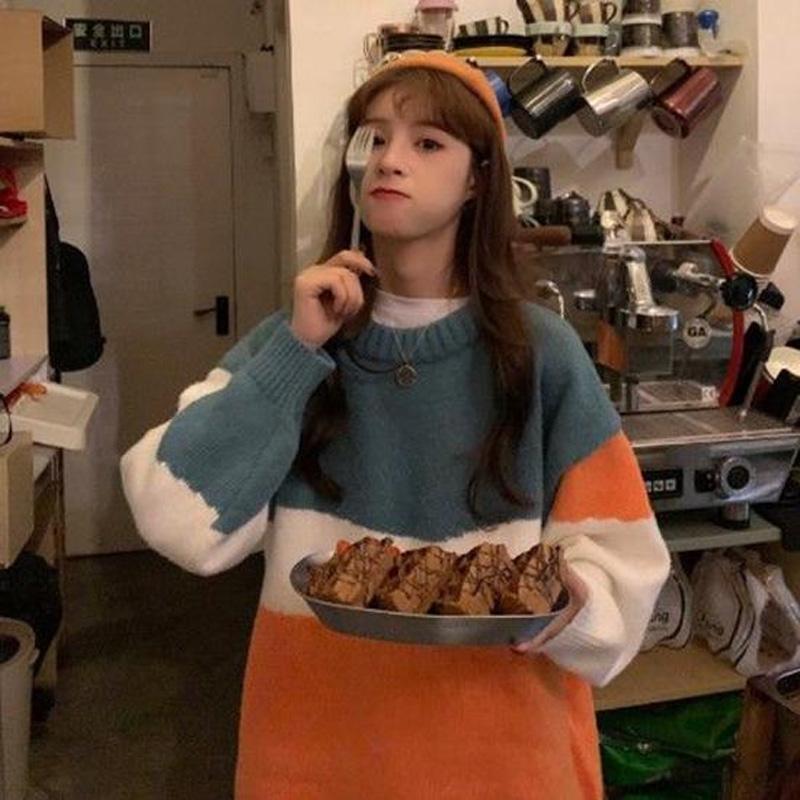Winter Color Matching Hip-hop Round Neck Pullover Sweater Women Loose Wearing Thick Sweater