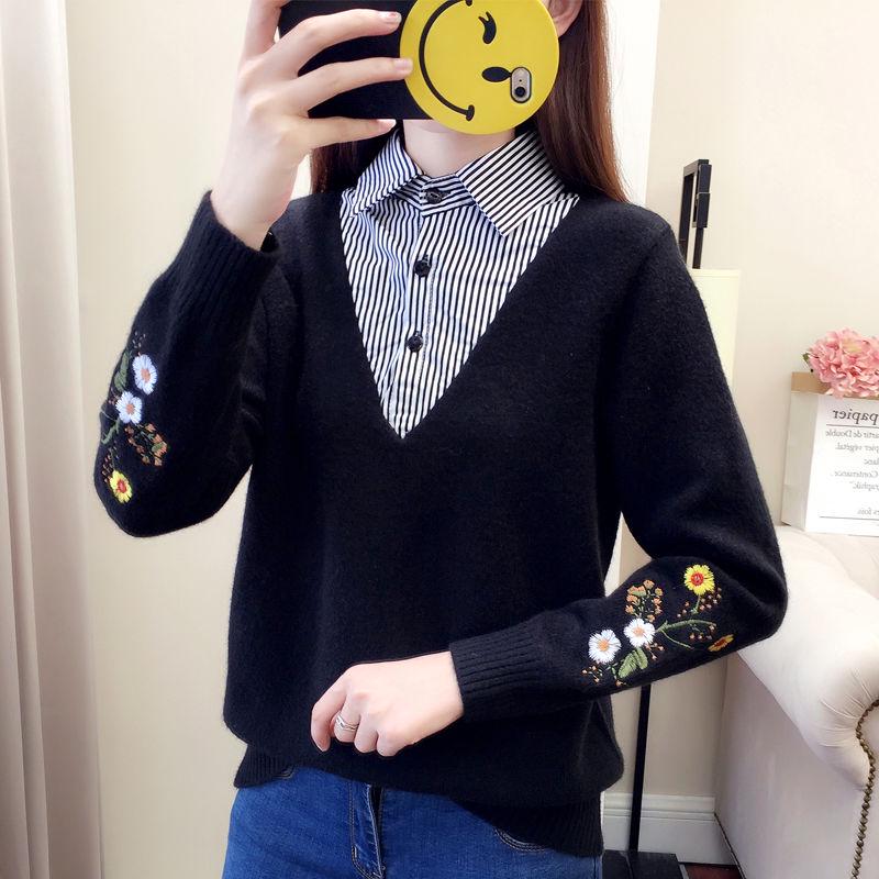 Autumn Winter women Sweater Korean Embroidered Lapel Stitching Fake Two-piece Blouse Loose Pullover Sweater for Students Office lady