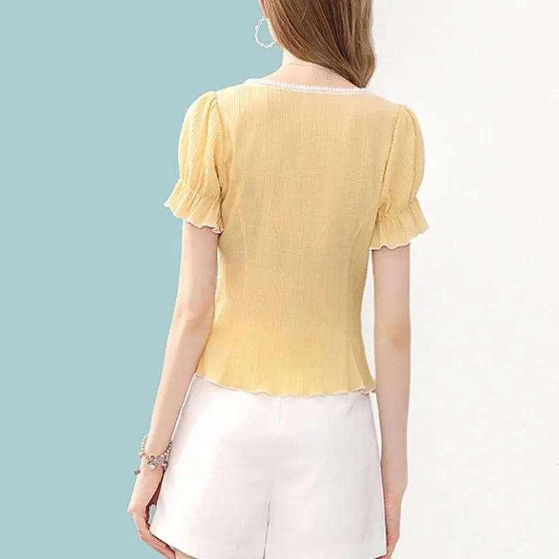Women's Summer Square Neck Top Loose Chiffon Puff Sleeves