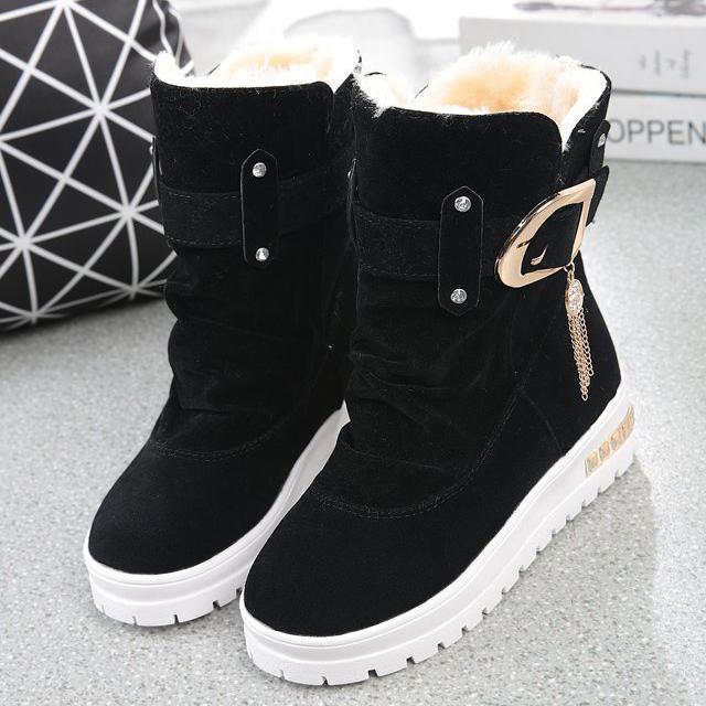 Outdoor Women's Winter Flat Bottom Frosted Warm and Antiskid Snow Boots Middle Boot Belt Buckle Warm Shoes