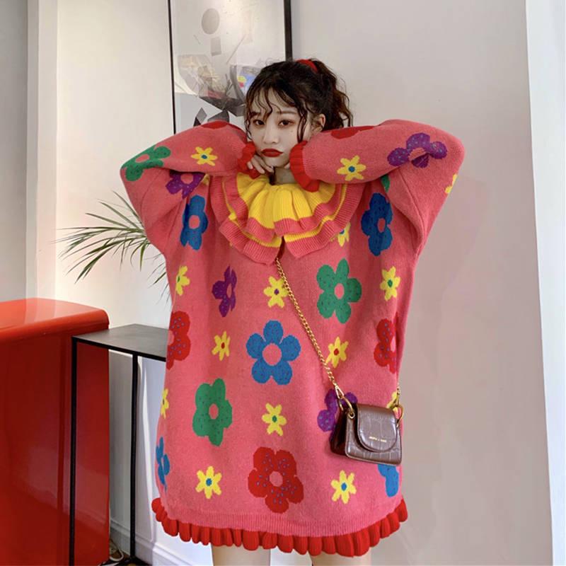 Mid-length Ruffles O-neck Sweater Women Sweet Knitted Loose Flower Print Chic Girl Pullover Dress