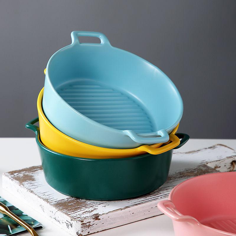 Net Red Binaural Baking Baking Bowl Baked Rice Bowl Dessert Bowl Fruit Salad Bowl Round Deep Plate Household Instant Noodle Bowl