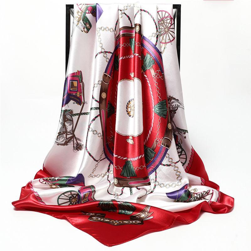 Square Silk Imitation Satin Women Elegant Scarf  Flower Wrap Shawl All-match Headscarf Sunscreen Gauze Shawl