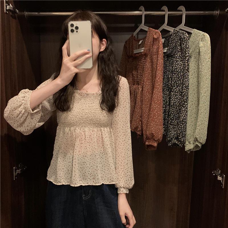 Blouse Women Sweet Korean Style Lovely Ladies Simple Lantern Sleeve Ruffles Popular Square Collar Thin Prairie Chic Holiday Tops