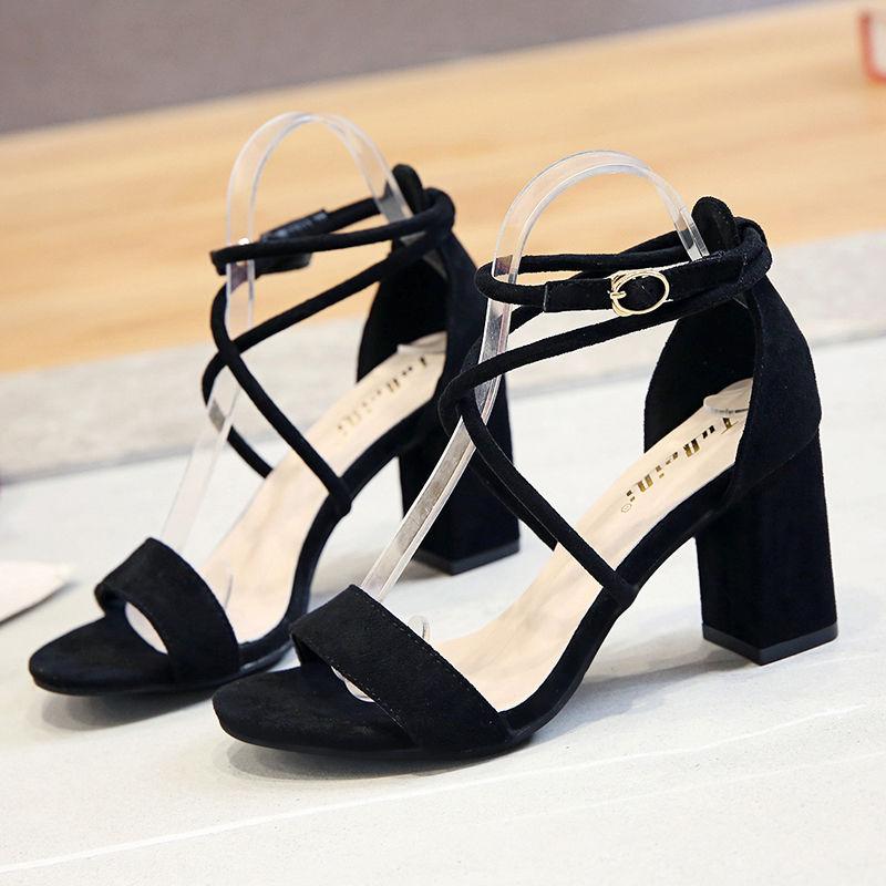 Women's Summer Sandals Mid-heel Chunky Heel Buckle High Heels Korean Style All-match Strapped Roman Sandals