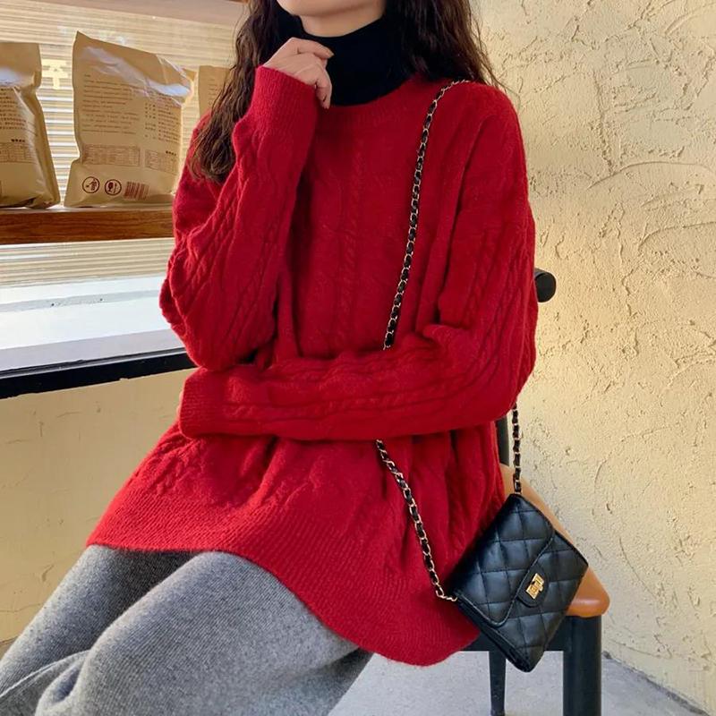 Winter Autumn Acrylic Women's Knitted Sweater Twist Pullover Loose Style Women's Long-sleeved Round Neck
