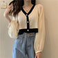 Autumn  Contrast Color Sweater Stitching Chiffon V-neck Thin Student Lantern Sleeve Women