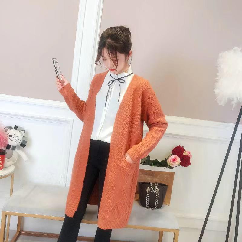 Autumn and Winter Casual Pocket Coat Mid-length Loose Long-sleeved Sweater Solid Color Twist V-neck Cardigan