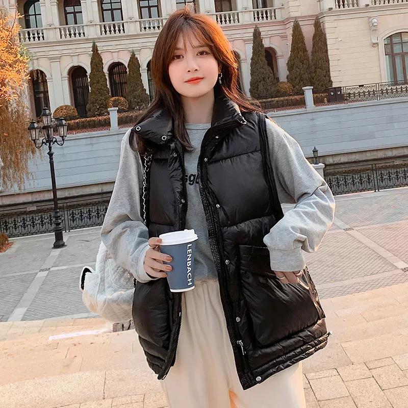 Winter Ladies Down Stand Collar Jacket Fashion Smooth Down Cotton Sleeveless Jacket Thick Warm Winter Vest