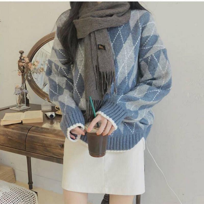 Pullover Plaid Sweater Long Sleeve Sweater Women Autumn and Winter Retro Net Red Loose
