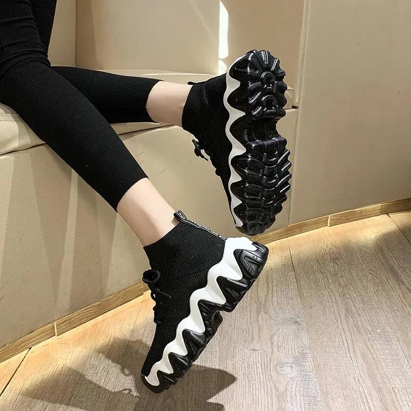 Socks Shoes Women Korean Style Trendy Women's Shoes High-top Thick-soled Sports Daddy Shoes