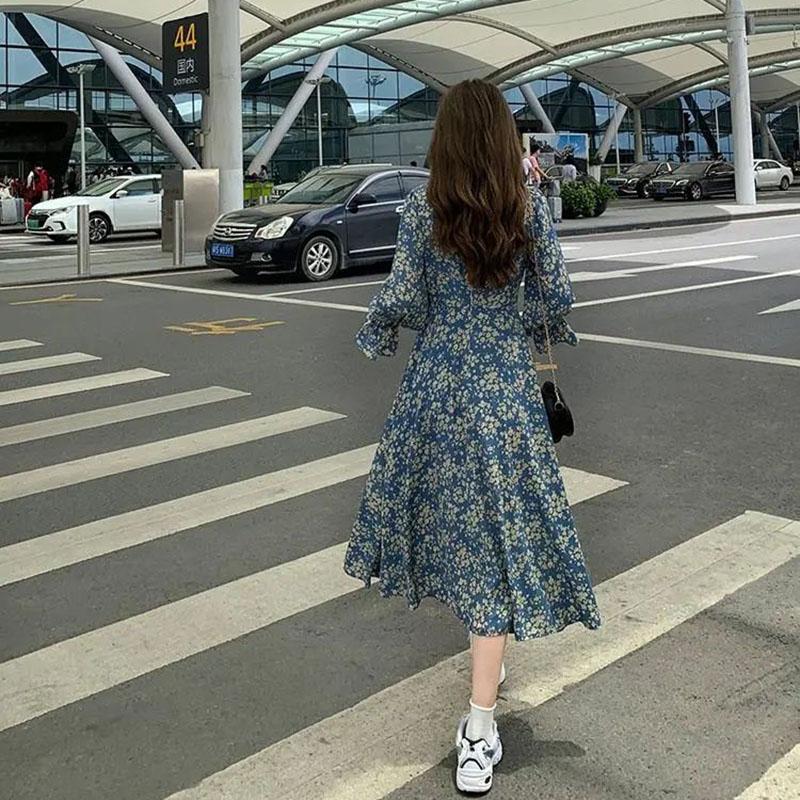 Spring Japanese First Love Skirt V-neck Floral Dress Female Slim Waist Temperament Knee-length Skirt