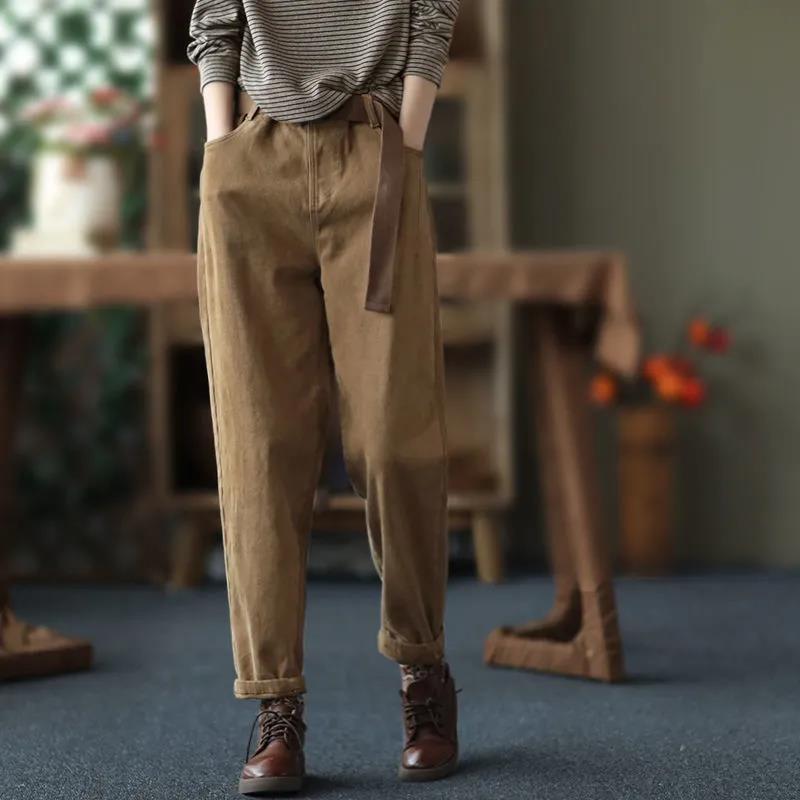 Plus Velvet Twill Cotton Harem Pants New Thick Casual Pants Elastic Waist Winter Warm Women's Trousers