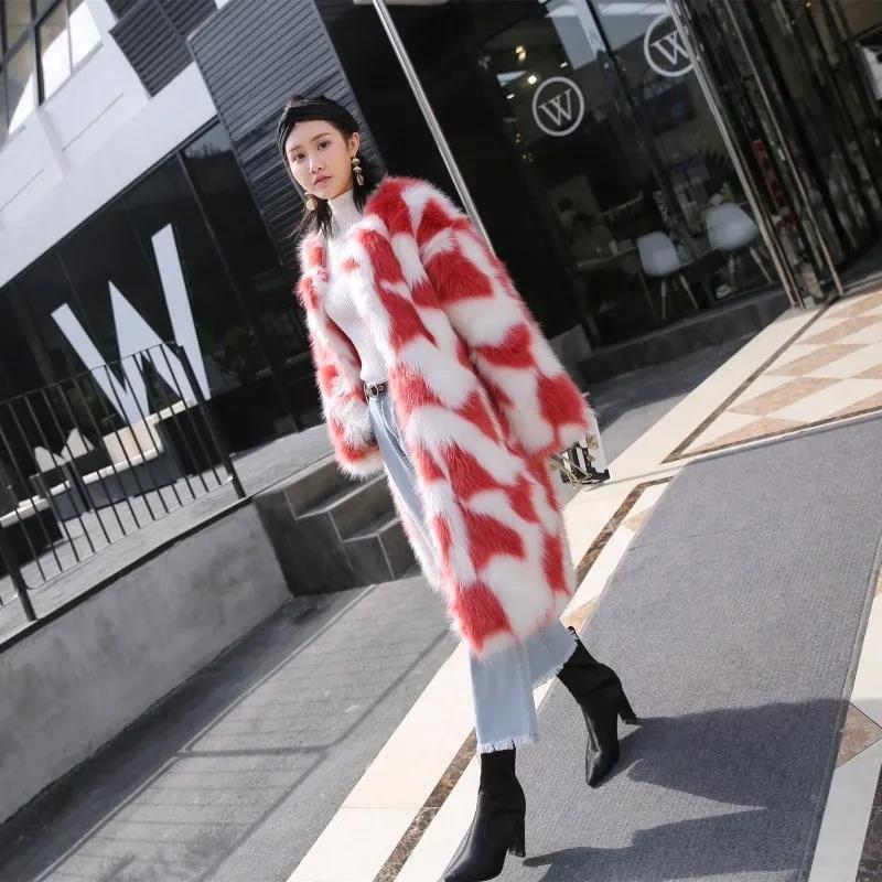 Mid-length Faux Fur Coat Winter Korean Fashion Style V-neck Thick Warm Fur One Plush Coat Suitable for Women