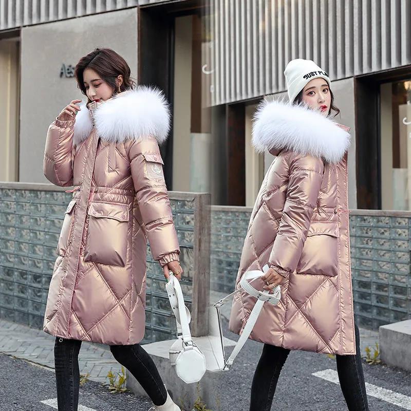 Glossy Disposable Down Padded Jacket Women's Mid-length Korean Style Winter Loose White Large Fur Collar Fashion Padded Jacket