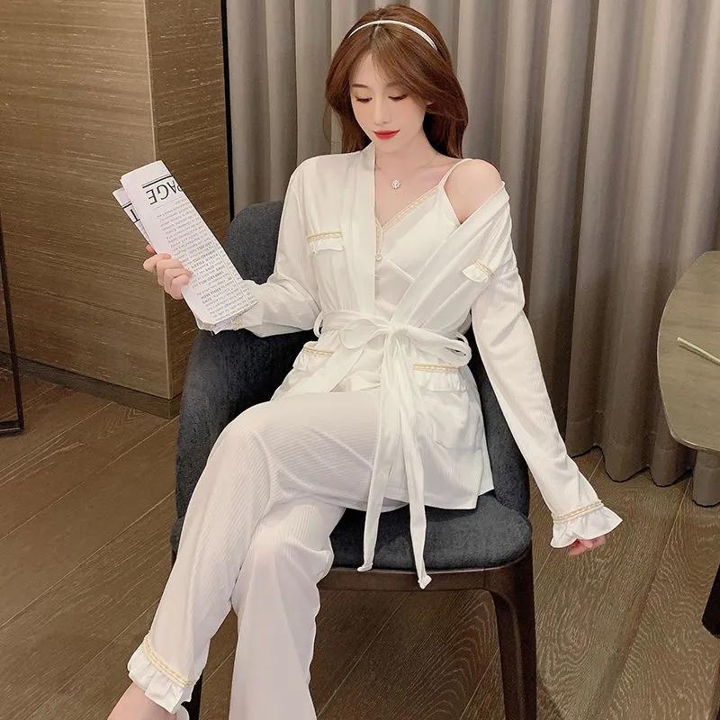 Women's Spring Autumn Long-sleeved Pajamas Set Polyester Cotton Suspenders Three-piece Set with Chest Pad Sexy V-neck Large Size Loose Homewear