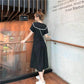 Pofulove S-4XL Women Plus Size O-neck Black Dress Loose Slim Sweet Short-sleeved Cheongsam Dress