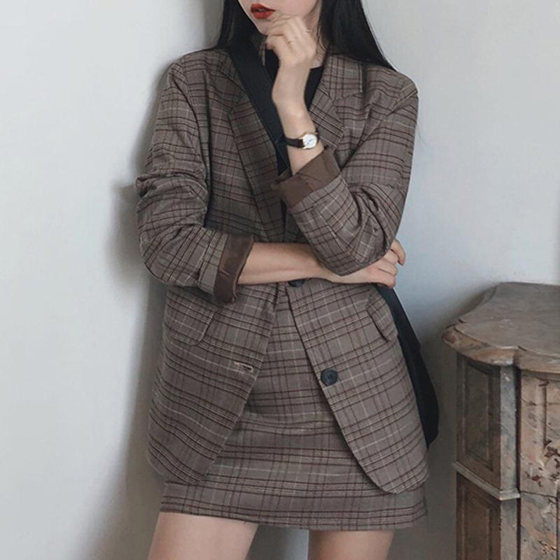 Women Suit Dark Academia Clothing Retro Plaid Plus Size Korean Coat Blazers and Skirt for Woman, Single Breasted Outerwear for Your Minimal Style