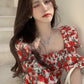 Women's Summer Slim Skirt Floral Square Neck Puff Sleeve Dress