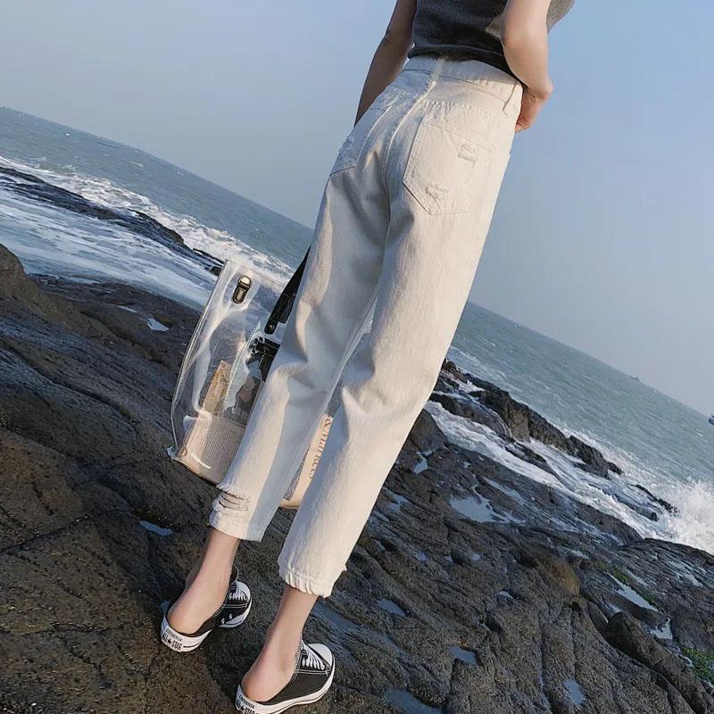 White Ripped Jeans Women's High-waisted Slim Loose Straight-leg Pants Daddy Harlan Nine-point Pants
