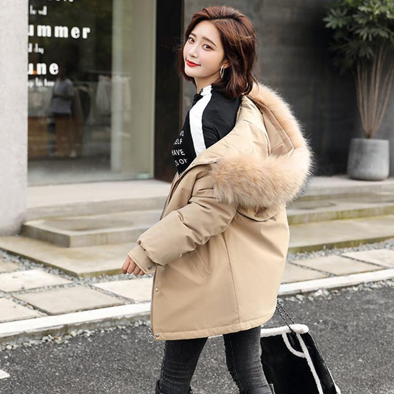 Women's Solid Color Hooded Down Jacket Regular Korean Loose Thick Coat Warm Cotton Coat Large Leather Collar Winter Coat Quilted Coat