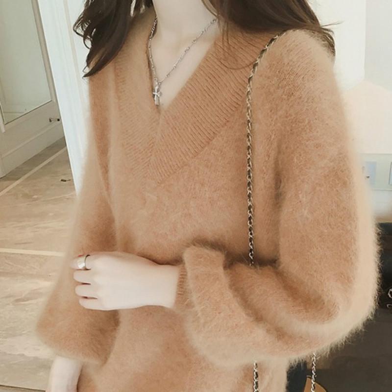 Pofulove long loose knitted base shirt autumn and winter new women's v-neck imitation mink sweater