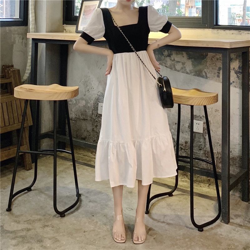 Women Summer Vintage Elegant Short Sleeve Square Neck Black White Patchwork Slim Long Pleated Dress