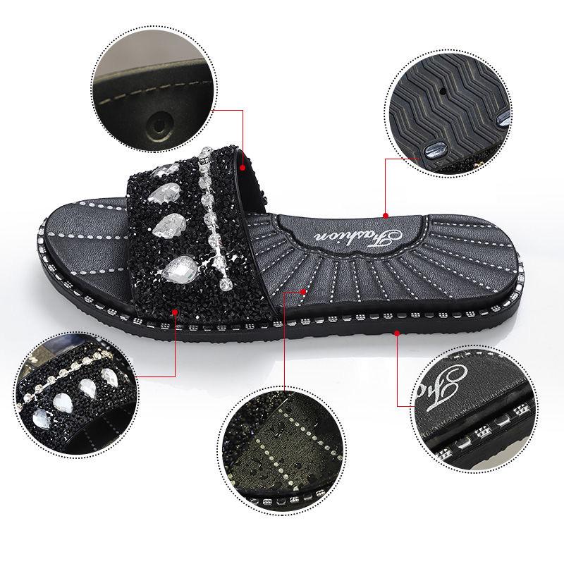 2020 Slippers Female Summer Korean Version Wild Fashion Cool Water Drop Flash Diamond Flat Bottom Non-slip Word with Sandals