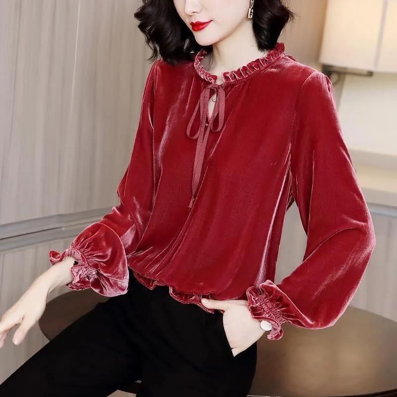 Long Sleeve Velvet Shirt Women's Spring and Autumn Loose Solid Color Bottoming Shirt Top