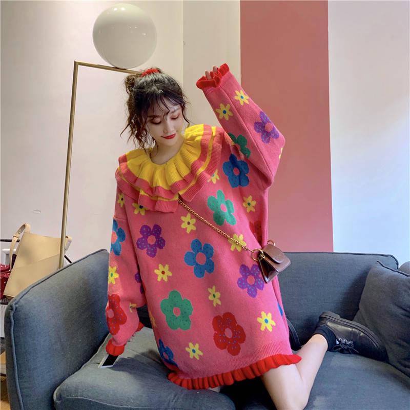 Mid-length Ruffles O-neck Sweater Women Sweet Knitted Loose Flower Print Chic Girl Pullover Dress