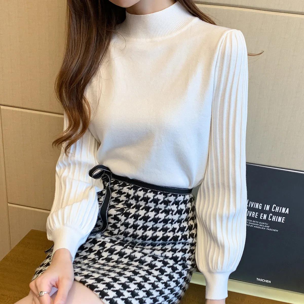 Women's Half Turtleneck Knit Sweater Fashion Lantern Sleeve Short Sweater Korean Style Loose Plus Size Sweater