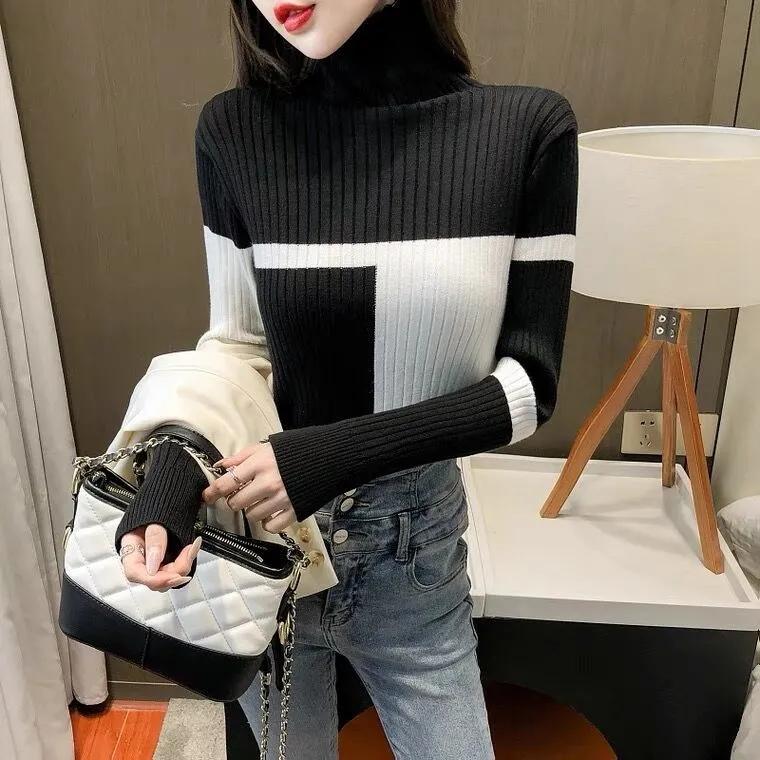 Sweater Women's Purple Turtleneck Pullover Striped Slim Knitwear Jacquard Top Trendy Sweater Autumn and Winter Y2K Jumper