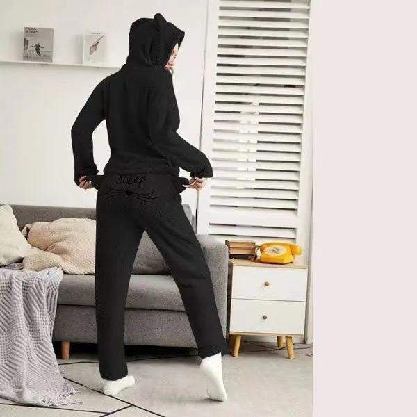Women's Autumn Winter Cute Cartoon Bear Ears Solid Color Hooded Pullover Pajamas Round Neck One-piece Embroidery Homewear Casual Suit