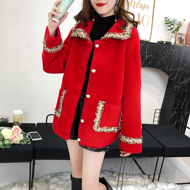 Autumn and Winter Korean Style Suit Collar Embroidery Loose Knit Jacket with Diamonds and Beaded Warm Sweater Cardigan