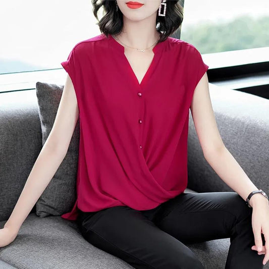 V-neck Chiffon Shirt Women's Summer Belly Cover Blouse Short-sleeved Loose Temperament Sleeveless Slim Solid Color Large Size Shirt Women Summer Top