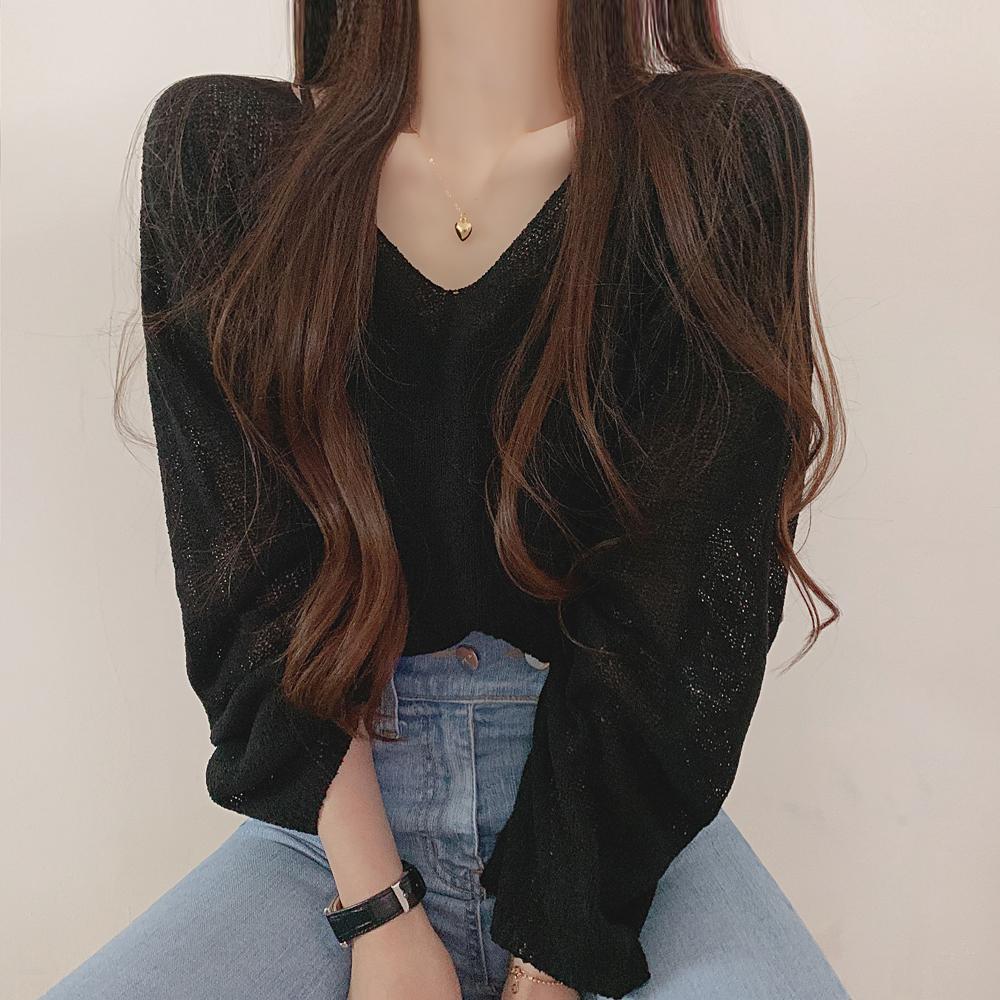 Openwork knitting T Shirt Casual Loose Clothes Tops Flared sleeves Pure color Leisure Long Women Pullover Tee