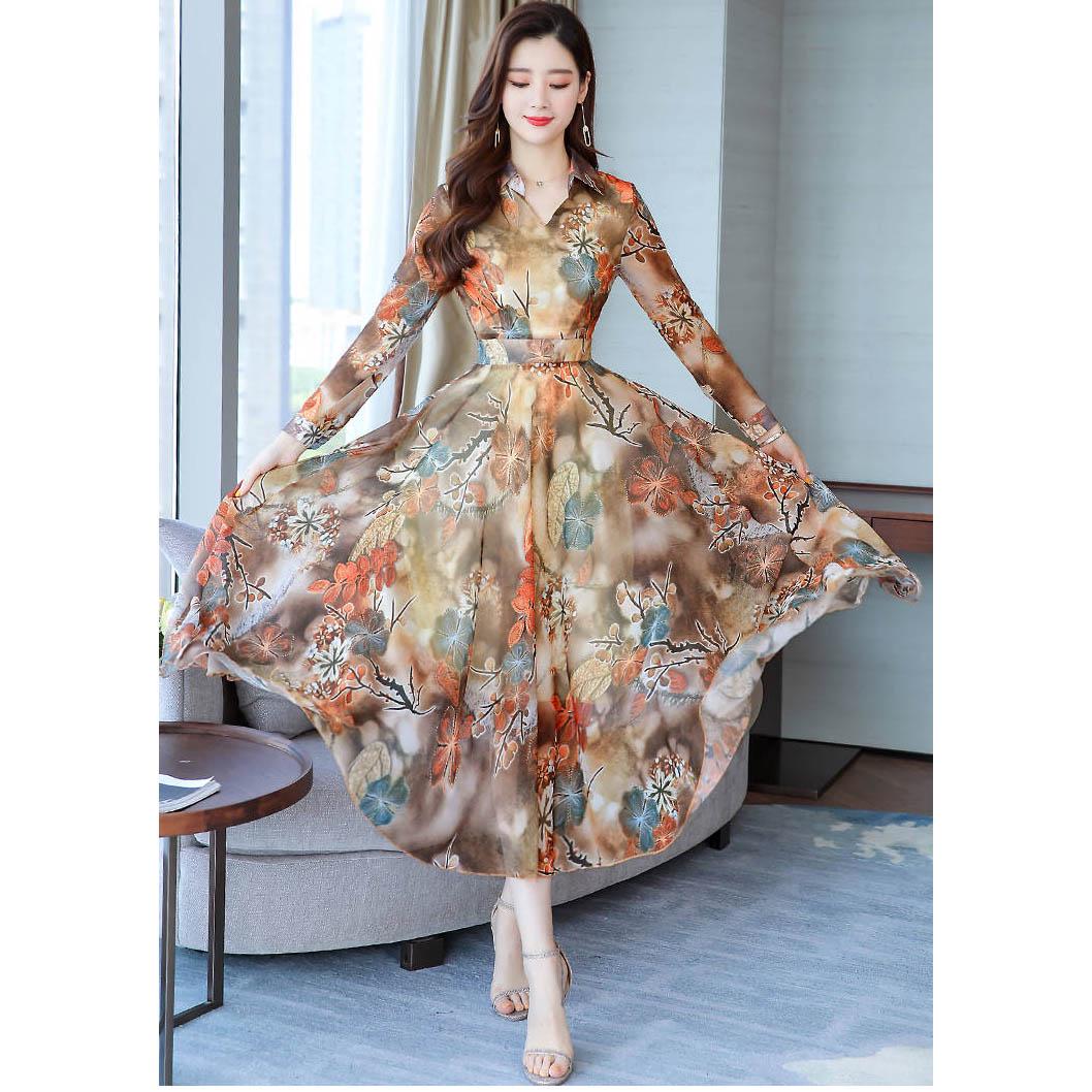 Long Waist Long Swing Long Dress Spring / Summer Long Sleeve Dress Plus Size Chiffon Dress Woman