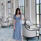 Woman Summer Short Sleeve Slim Long Party Dress Elegant Blue Floral Print Square Collar Side Split Holiday Dress