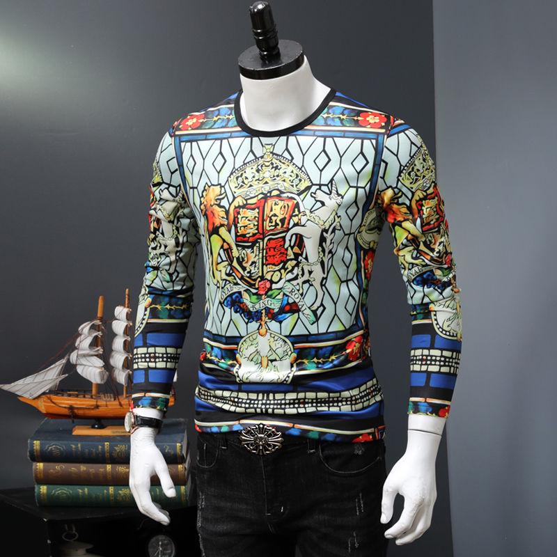 Round neck T-shirt autumn and winter long-sleeved T-shirt sweater men's personality 3D printing