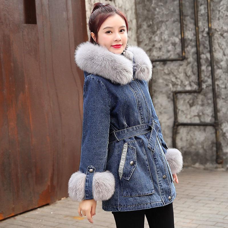 Winter Plus Velvet Thick Denim Jacket Women Loose Snow Rabbit Fur Mid-length Denim Cotton Jacket Casual Plus Size Women's Jacket