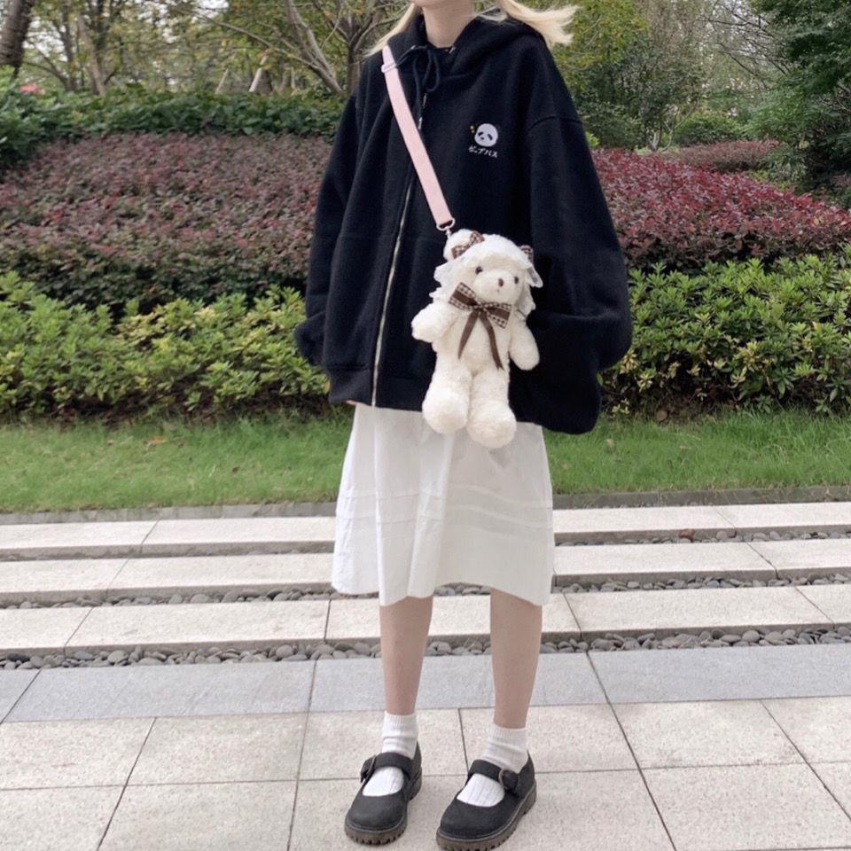 Cute Bear Ears Student Solid Color Loose All-match Zipper Hooded Sweater Women's Not Ball Jacket Trendy