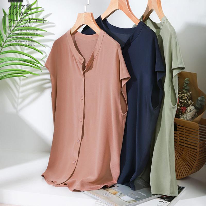 Silk Short-sleeved Shirt Women's Temperament Imitation Mulberry Silk Round Neck Shirt Top