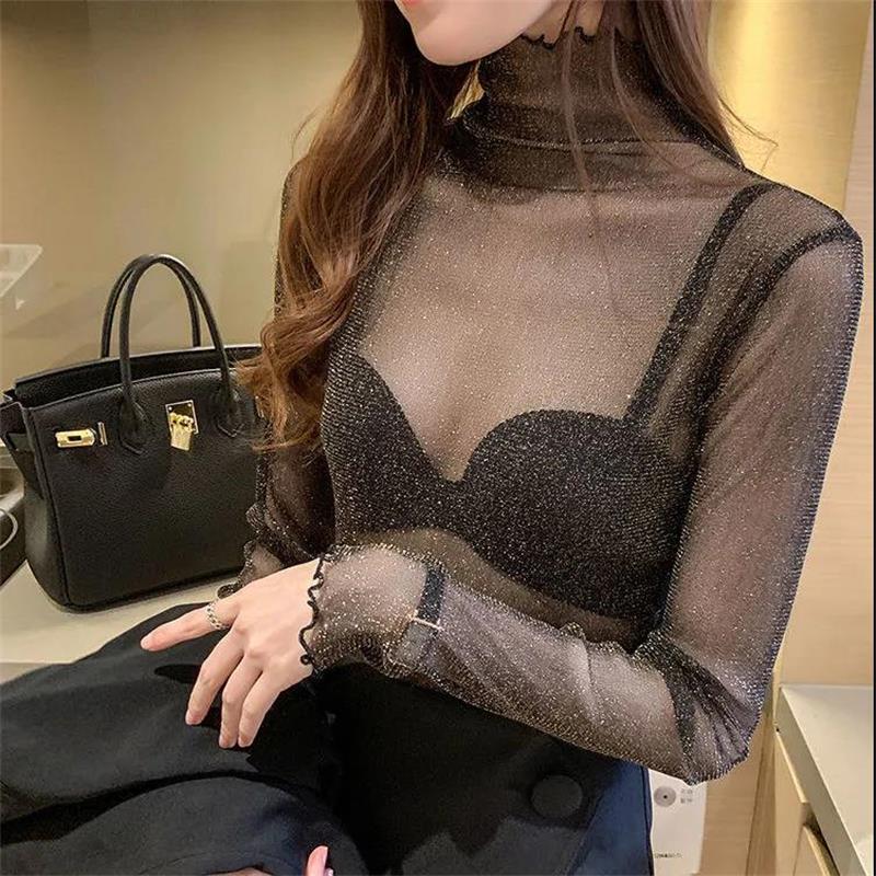Sexy Mesh Shiny Long Sleeve T Shirt Women Fall Transparent Party Black Tee Shirts Sexy Thin O Neck Short Tops