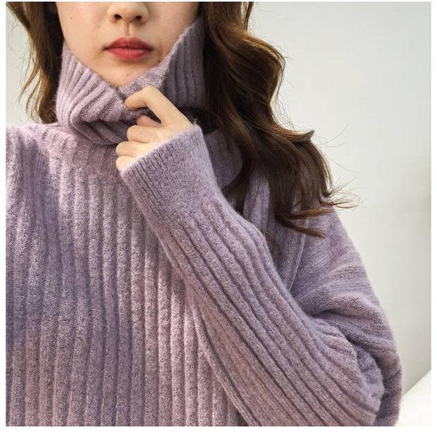 Loose Turtleneck Long-sleeved Sweater Women's Winter Warm Knitted Solid Color Sweater