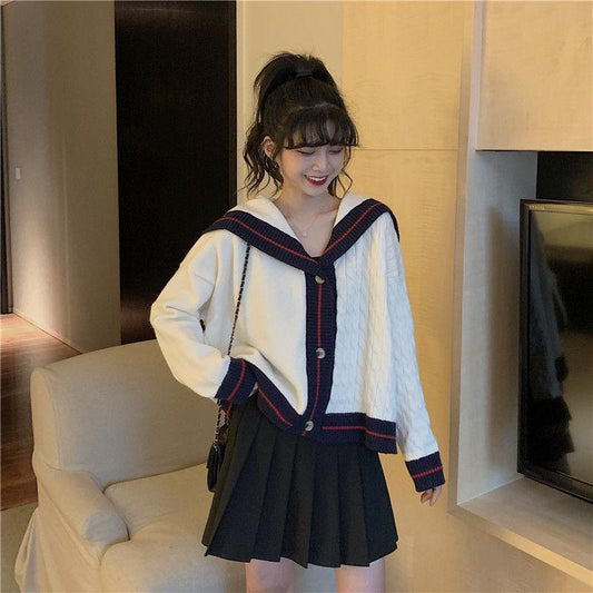 Autumn and Winter College Style Navy Collar Contrast Color Design Sense Outer Wear Loose Long-sleeved Knitted Sweater Women