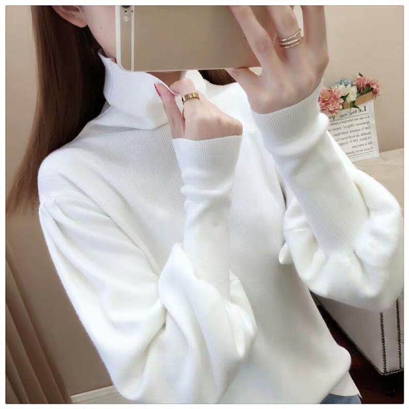 Core-spun High-neck Slim-fit Sweater Women Autumn and Winter Lantern Sleeve Knit Top Fashion Loose Bottoming Shirt Tide
