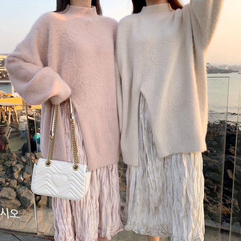Pofulove Mohair Girly Winter Turtleneck Warm Knitwear Skin-friendly Losse Split Pullover Sweater