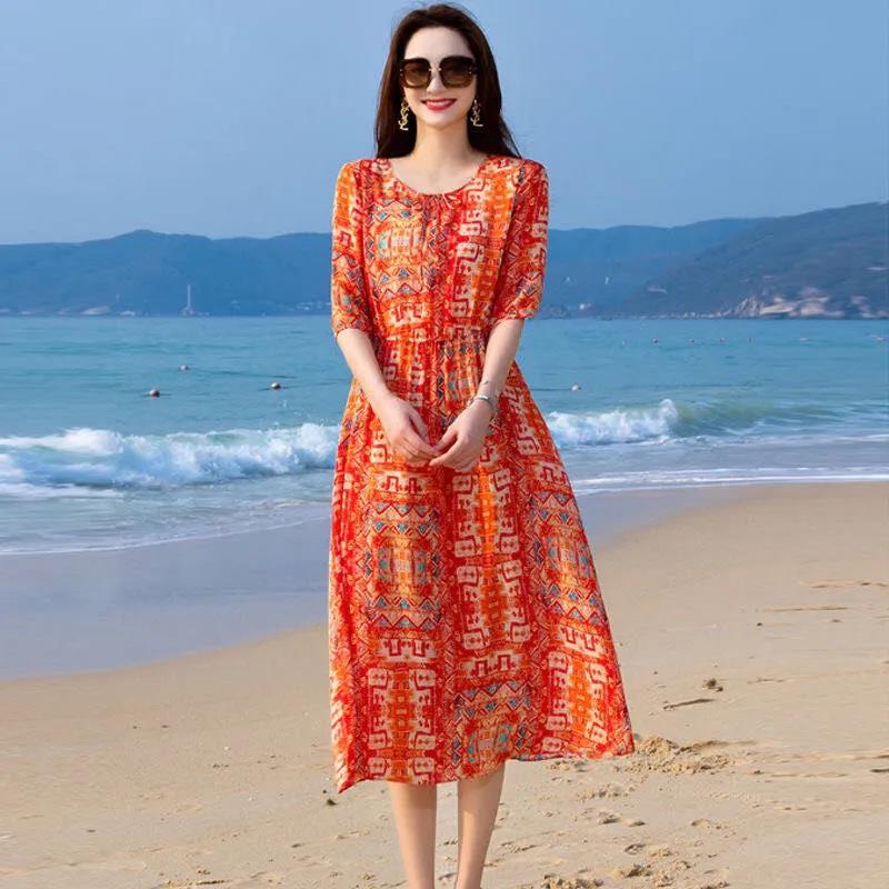 Women's Summer Plus Size Dress Loose Long Dress Printing Slim A-line Skirt